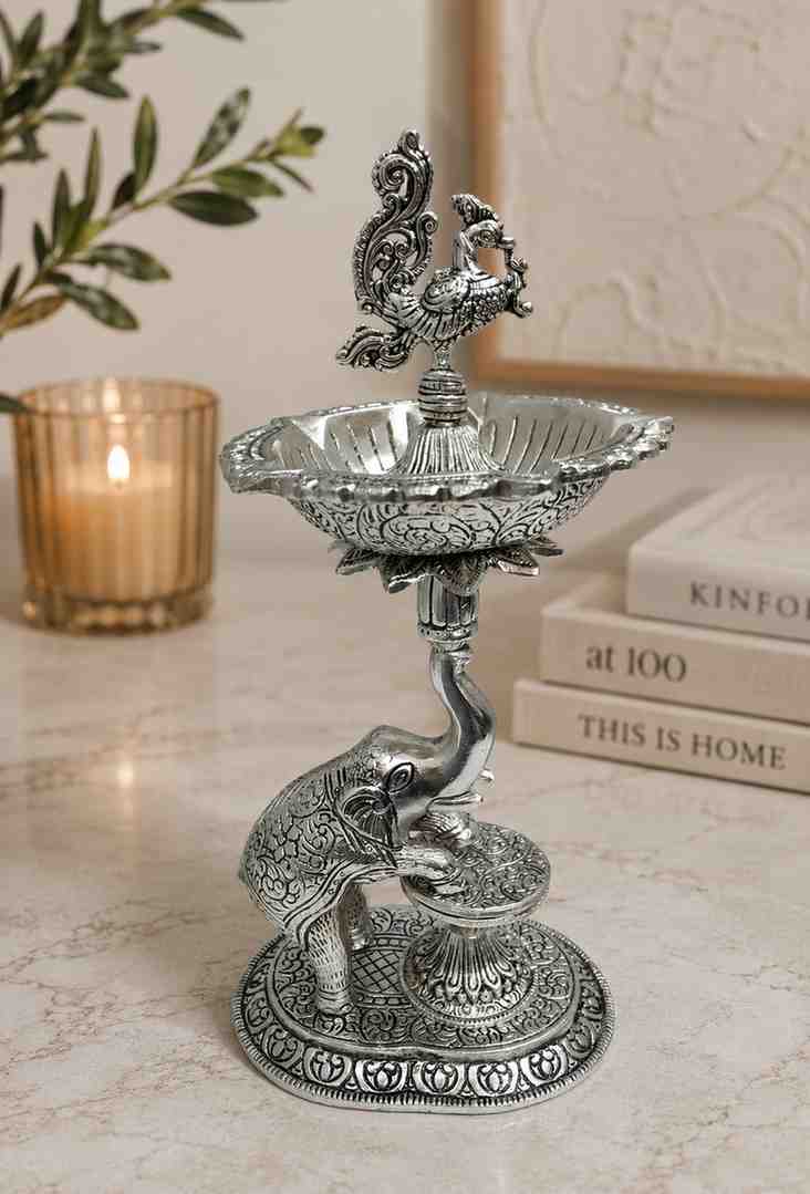 Luxury German Silver Elephant Peacock Diya Stand – 13 Inch Decorative Oil Lamp (1 KG)
