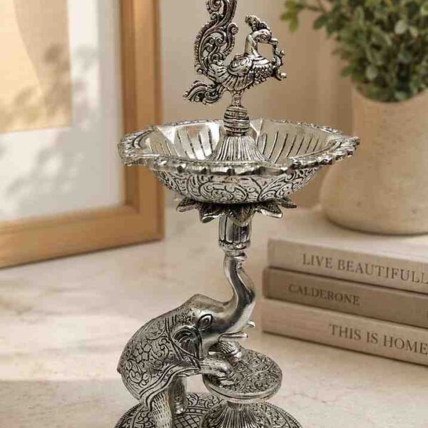 Traditional German Silver Elephant Peacock Diya Stand centerpiece