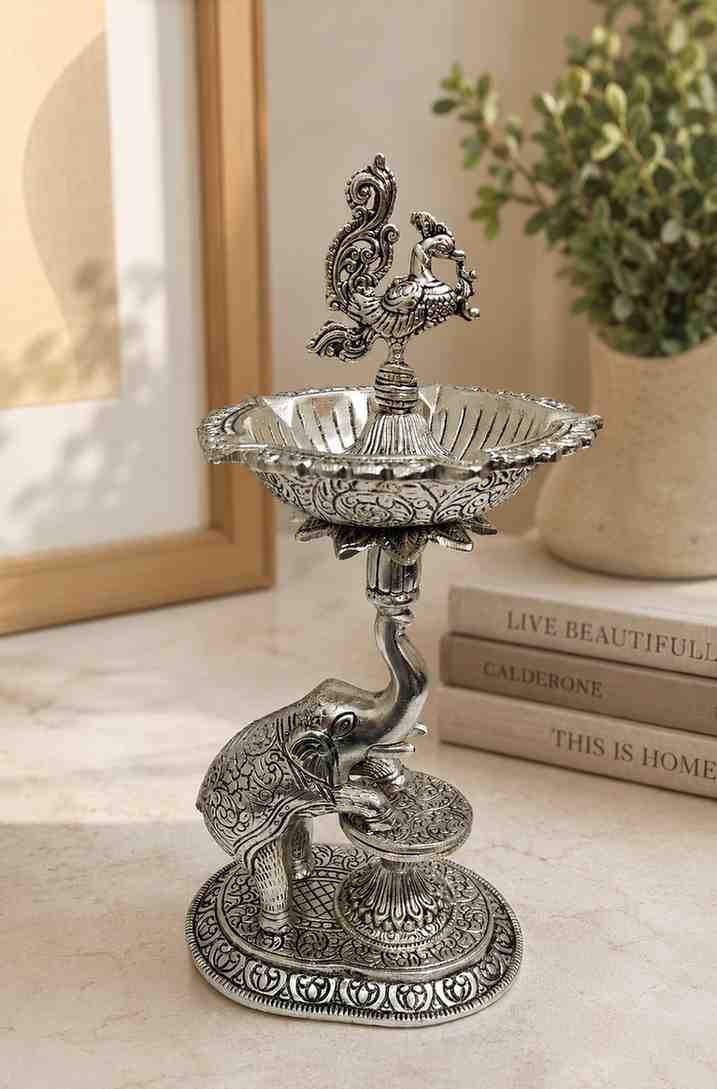 Luxury German Silver Elephant Peacock Diya Stand – 13 Inch Decorative Oil Lamp (1 KG)