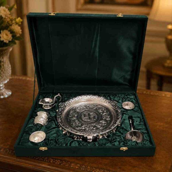 Luxury German Silver pooja thali with ritual bowls and diya holder