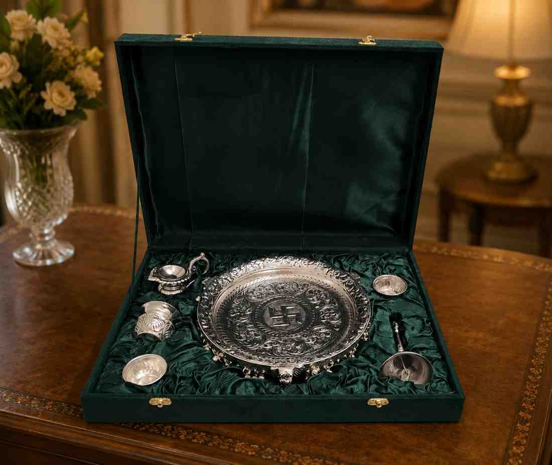 Handcrafted German Silver Elephant Stand Pooja Thali Set with Velvet Box – 10 Inch Decorative Puja Gift Tray