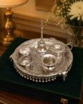 Handcrafted German Silver Elephant Stand Pooja Thali Set with Velvet Box – 10 Inch Decorative Puja Gift Tray