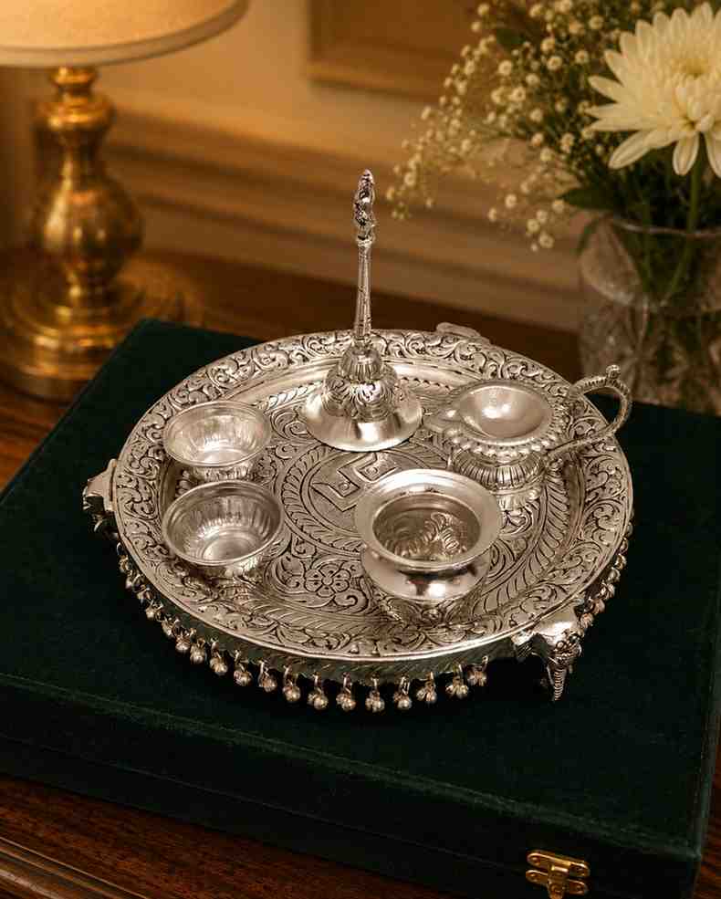 Handcrafted German Silver Elephant Stand Pooja Thali Set with Velvet Box – 10 Inch Decorative Puja Gift Tray