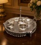 Handcrafted German Silver Elephant Stand Pooja Thali Set with Velvet Box – 10 Inch Decorative Puja Gift Tray