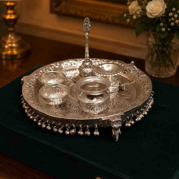 Handcrafted German Silver Elephant Stand Pooja Thali Set with Velvet Box – 10 Inch Decorative Puja Gift Tray
