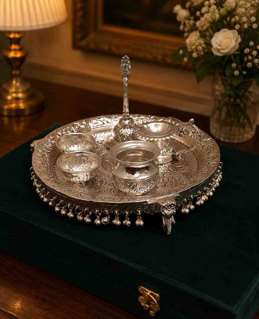 Handcrafted German Silver Elephant Stand Pooja Thali Set with Velvet Box – 10 Inch Decorative Puja Gift Tray