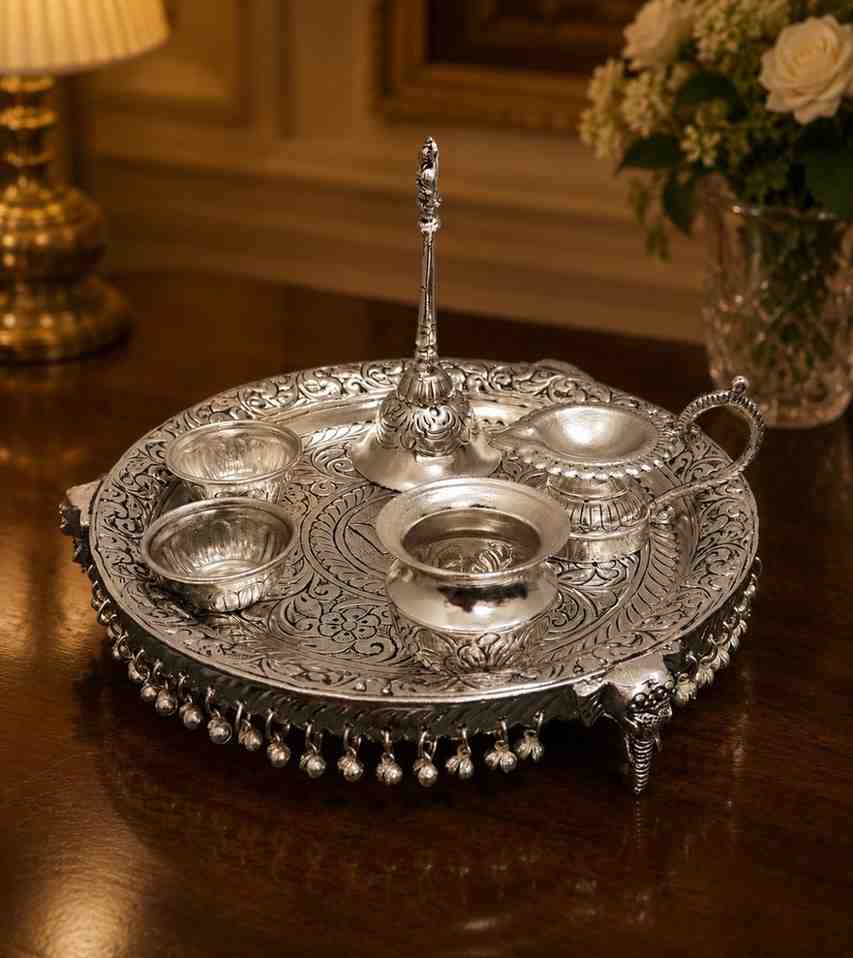 Handcrafted German Silver Elephant Stand Pooja Thali Set with Velvet Box – 10 Inch Decorative Puja Gift Tray