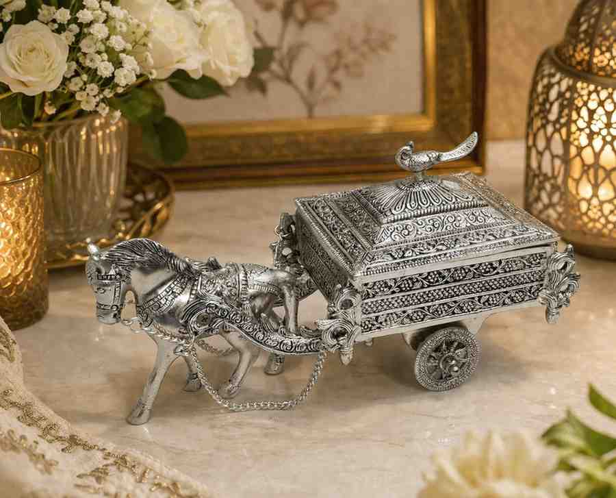 German Silver Horse Cart Dry Fruit Server – Decorative Serving & Storage Box for Home & Gifting 2 German Silver Horse Cart Dry Fruit Server – Decorative Serving & Storage Box for Home & Gifting