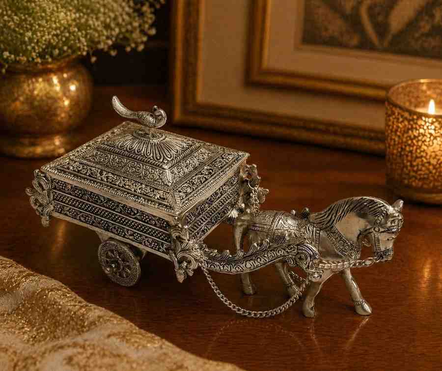 German Silver Horse Cart Dry Fruit Server – Decorative Serving & Storage Box for Home & Gifting 3 German Silver Horse Cart Dry Fruit Server – Decorative Serving & Storage Box for Home & Gifting