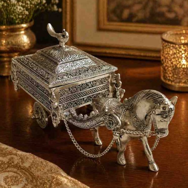 German Silver Horse Cart Dry Fruit Server – Decorative Serving & Storage Box for Home & Gifting