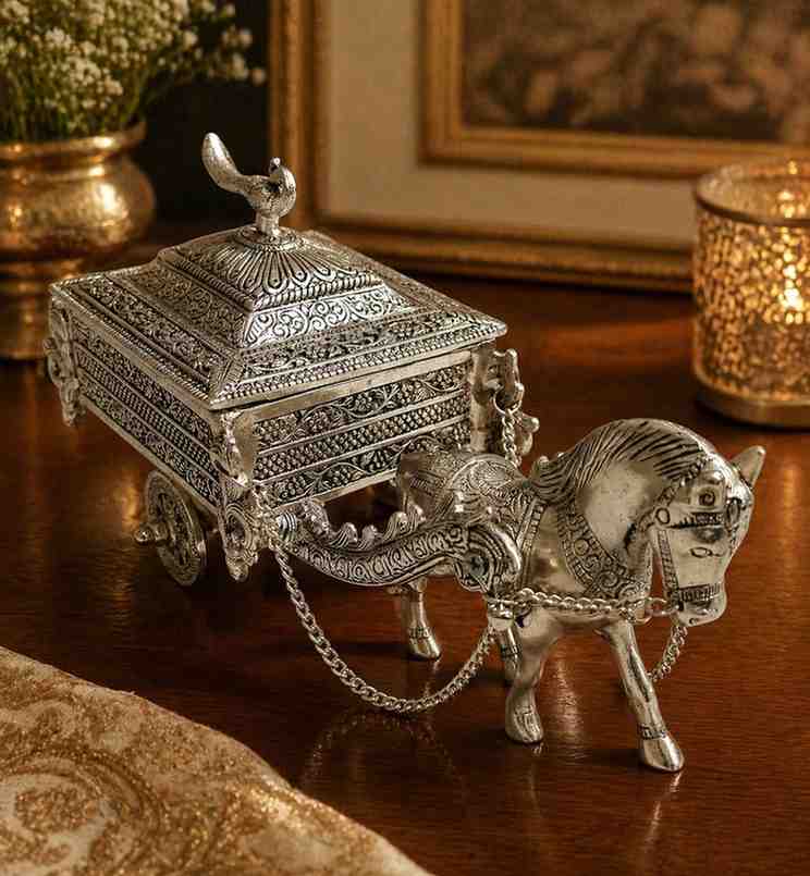 German Silver Horse Cart Dry Fruit Server – Decorative Serving & Storage Box for Home & Gifting 1 German Silver Horse Cart Dry Fruit Server – Decorative Serving & Storage Box for Home & Gifting