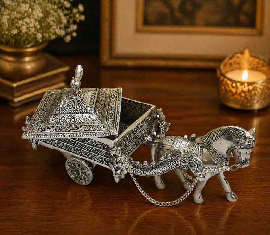 German Silver Horse Cart Dry Fruit Server – Decorative Serving & Storage Box for Home & Gifting 4 German Silver Horse Cart Dry Fruit Server – Decorative Serving & Storage Box for Home & Gifting
