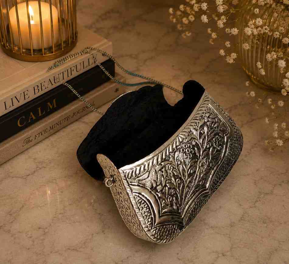 Handcrafted German Silver Floral Clutch Purse for Women | Luxury Vintage Sling Bag with Chain Strap for Wedding, Party & Festive Wear