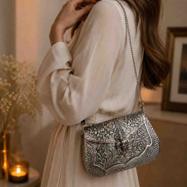 Designer German Silver Floral Clutch Bag for Festive Styling