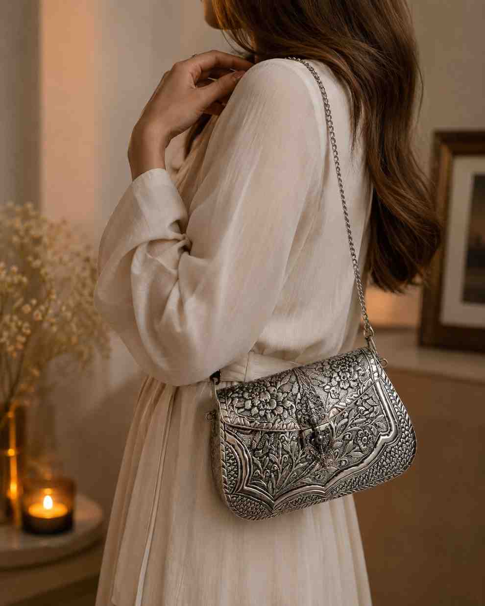 Handcrafted German Silver Floral Clutch Purse for Women | Luxury Vintage Sling Bag with Chain Strap for Wedding, Party & Festive Wear