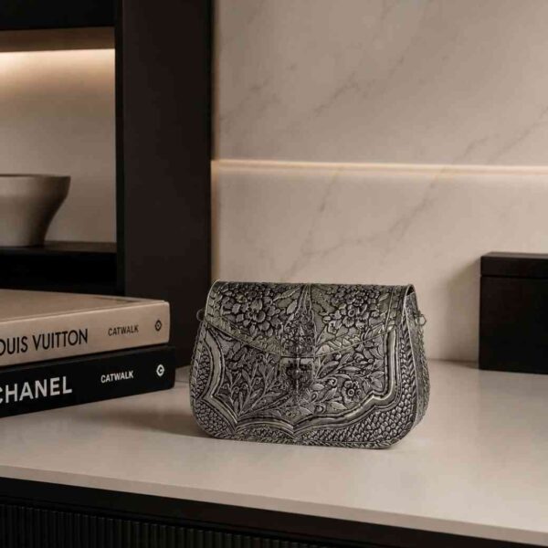 Handcrafted German Silver Floral Clutch Purse for Women | Luxury Vintage Sling Bag with Chain Strap for Wedding, Party & Festive Wear