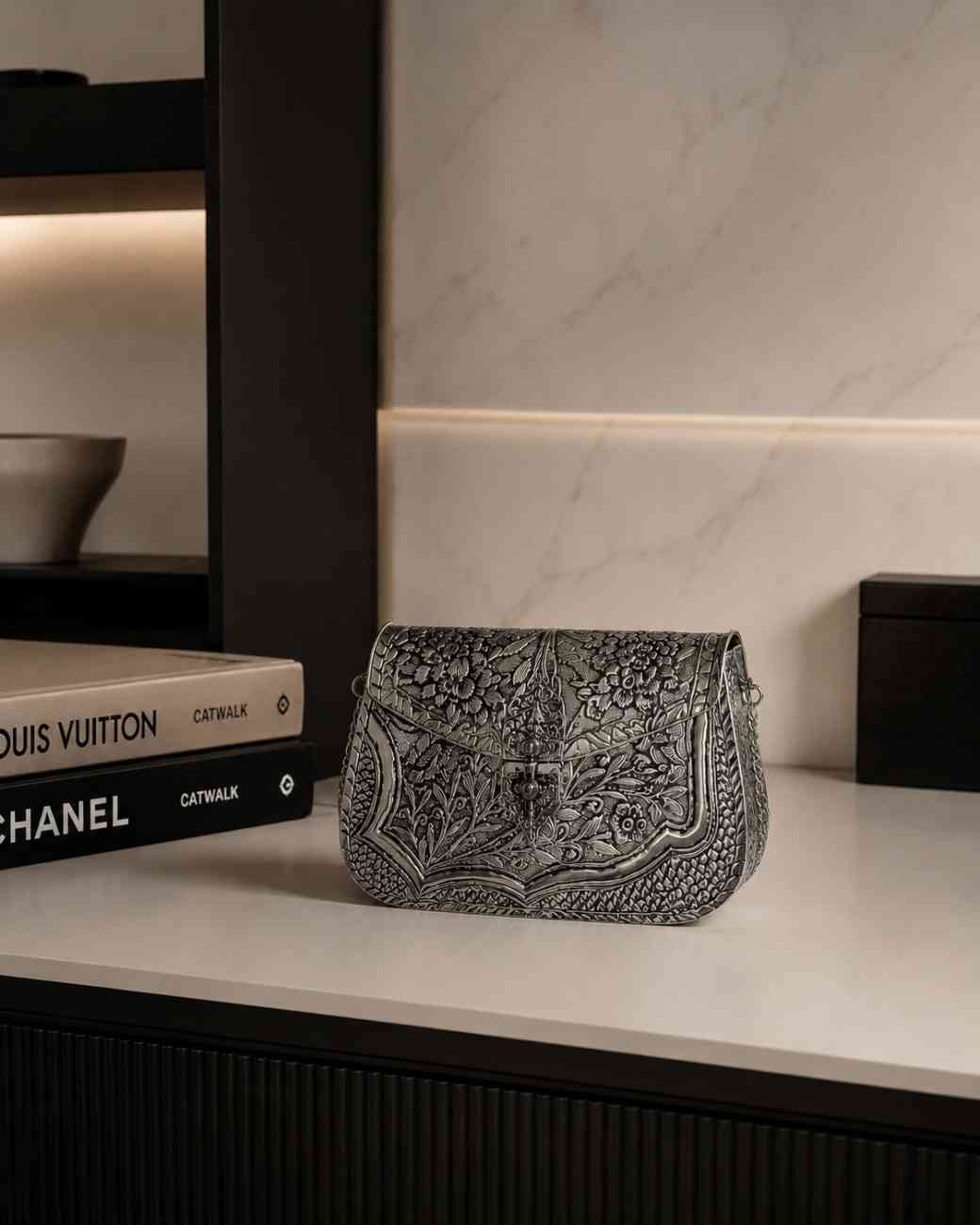 Handcrafted German Silver Floral Clutch Purse for Women | Luxury Vintage Sling Bag with Chain Strap for Wedding, Party & Festive Wear