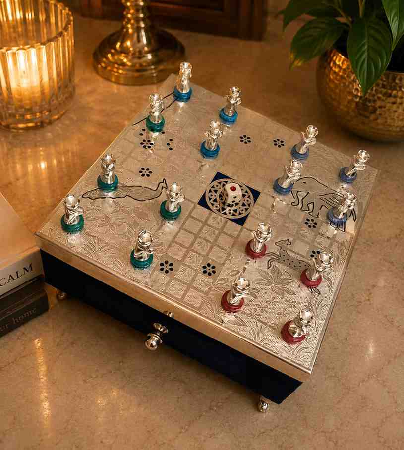 Luxury German Silver Ludo Set – Premium Handcrafted Designer Board Game with Storage Drawer