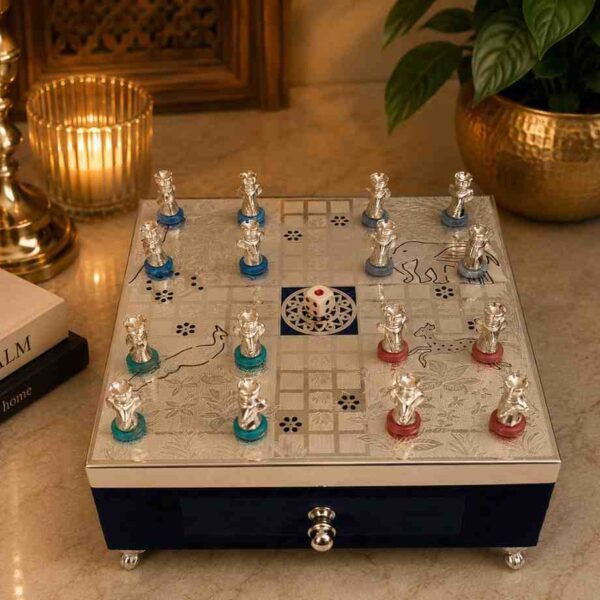 Luxury German Silver Ludo Set – Premium Handcrafted Designer Board Game with Storage Drawer