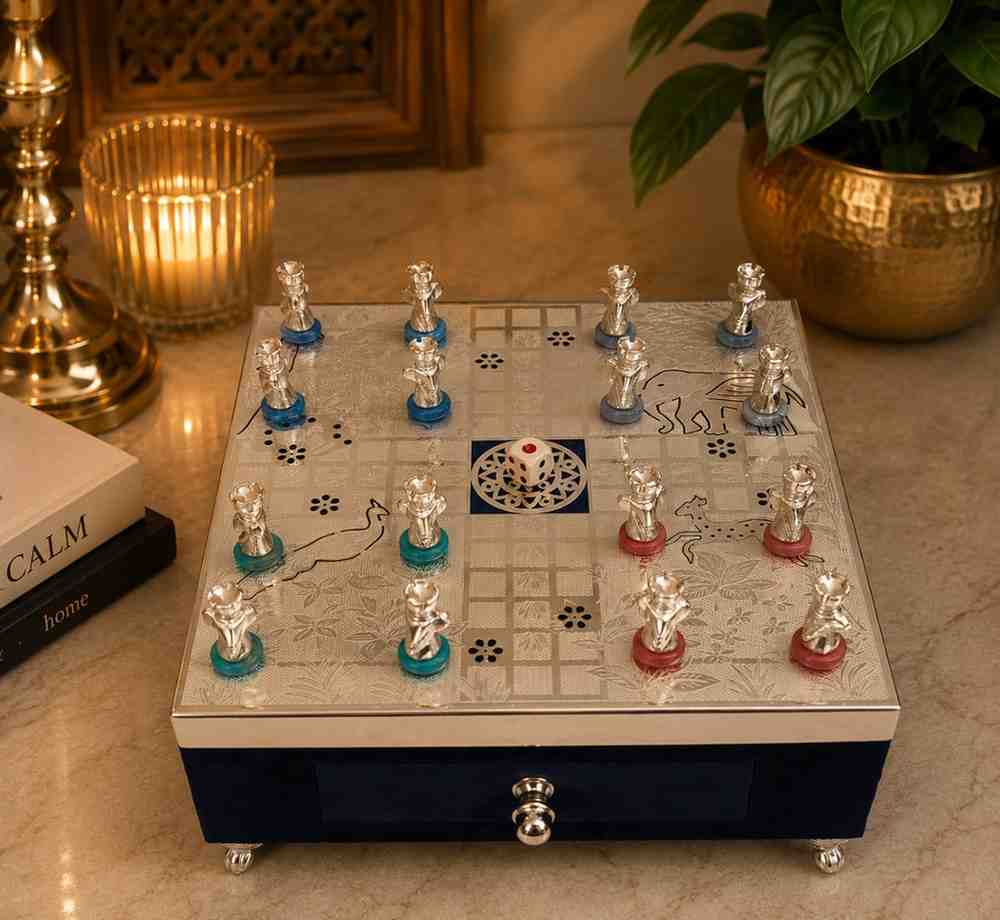 Luxury German Silver Ludo Set – Premium Handcrafted Designer Board Game with Storage Drawer