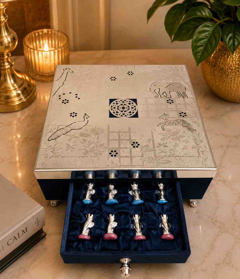 Luxury German Silver Ludo Set – Premium Handcrafted Designer Board Game with Storage Drawer