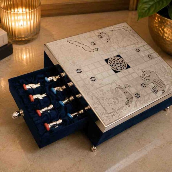 Premium decorative German Silver Ludo Set with storage compartment