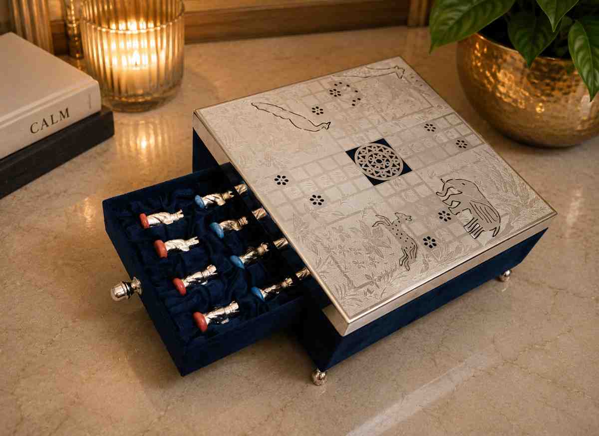 Luxury German Silver Ludo Set – Premium Handcrafted Designer Board Game with Storage Drawer