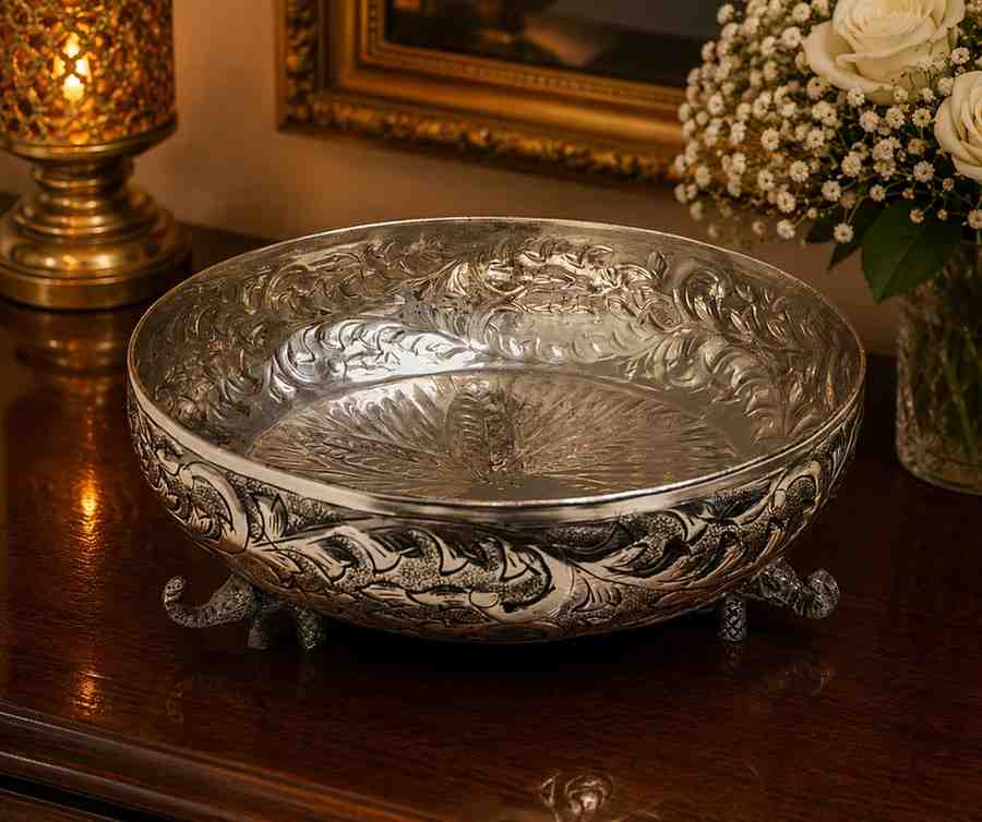 Luxury German Silver Elephant Stand Urli Bowl – 24 CM Decorative Floating Flower Bowl