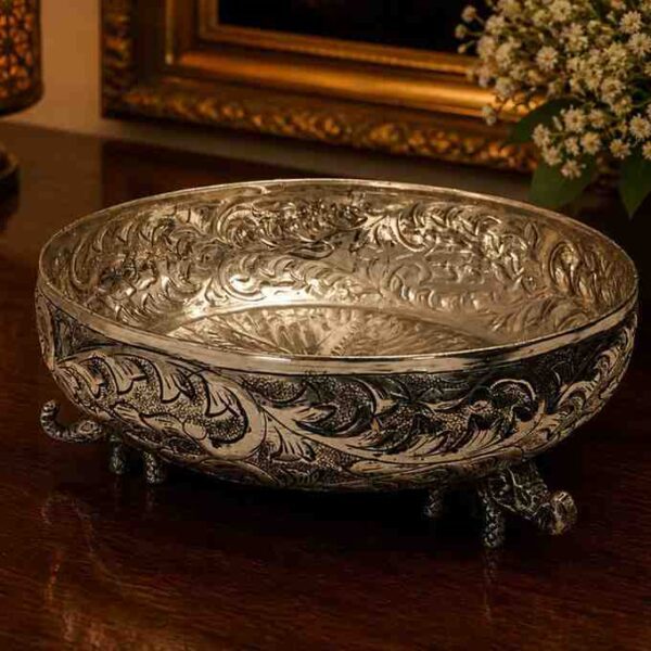 Luxury German Silver Elephant Stand Urli Bowl – 24 CM Decorative Floating Flower Bowl