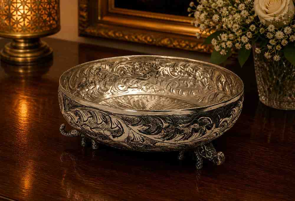 Luxury German Silver Elephant Stand Urli Bowl – 24 CM Decorative Floating Flower Bowl