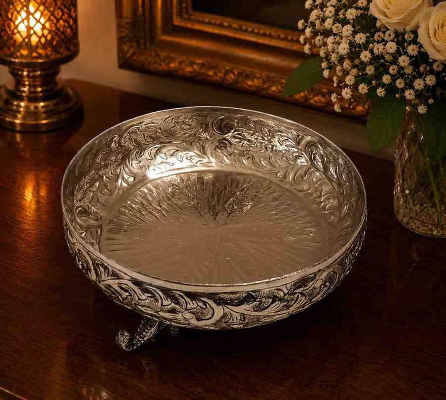Luxury German Silver Elephant Stand Urli Bowl – 24 CM Decorative Floating Flower Bowl