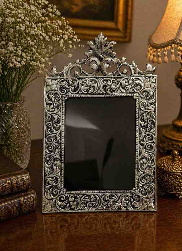 German Silver Antique Photo Frame – Floral Engraved Decorative Frame for Home & Gifting 1 German Silver Antique Photo Frame – Floral Engraved Decorative Frame for Home & Gifting