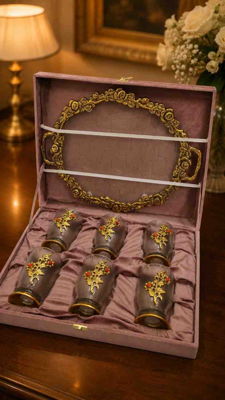 Luxury Glass Serving Set with Decorative Fibre Tray & Velvet Box – 6 Designer Glasses Gift Set