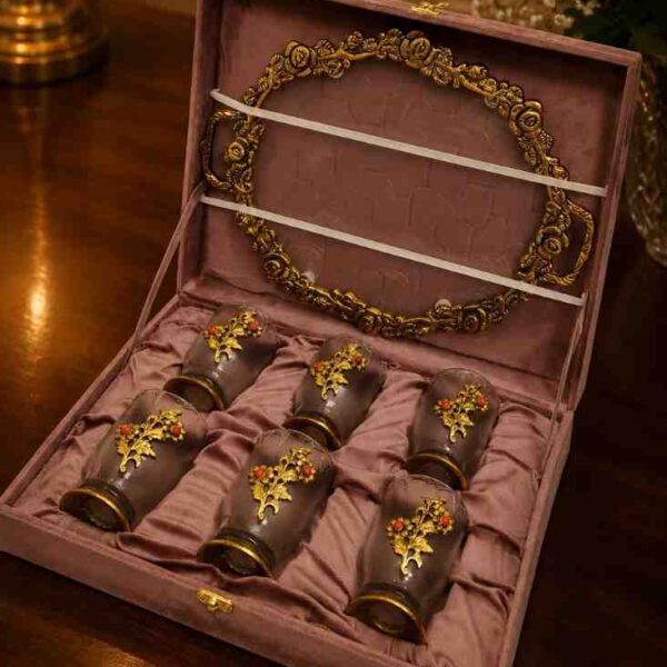 Premium serving tray with 6 decorative glasses