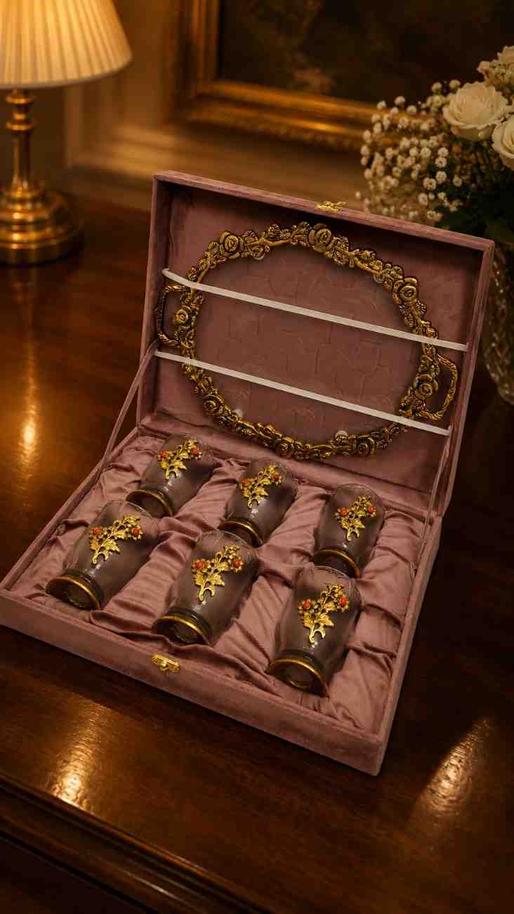 Luxury Glass Serving Set with Decorative Fibre Tray & Velvet Box – 6 Designer Glasses Gift Set