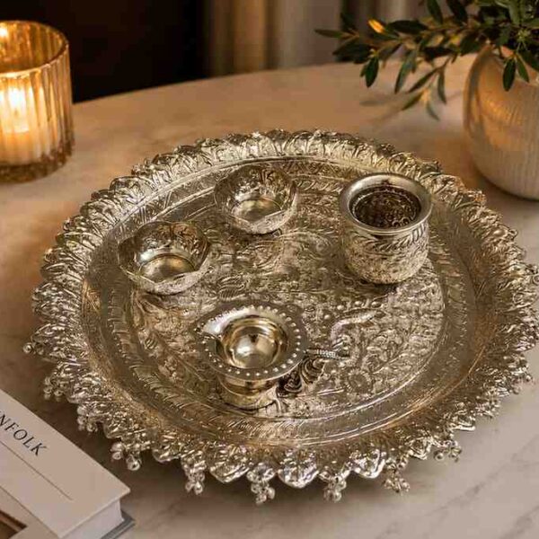 Luxury Pure German Silver Pooja Thali Set with Diya & Kalash – 13 Inch