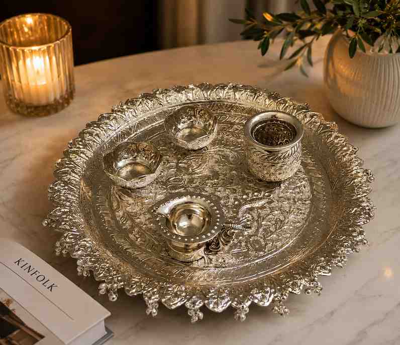 Luxury Pure German Silver Pooja Thali Set with Diya & Kalash – 13 Inch