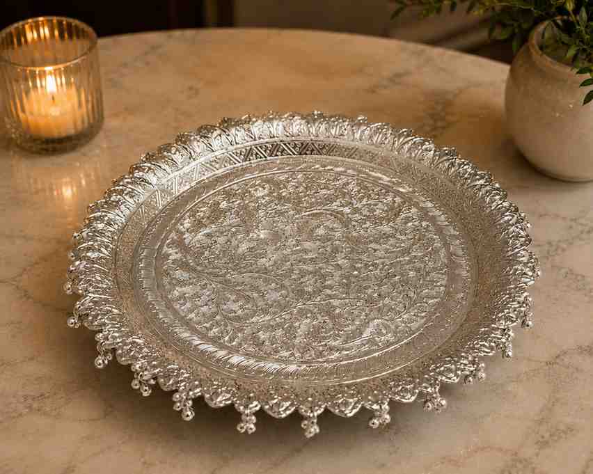 Luxury Pure German Silver Pooja Thali Set with Diya & Kalash – 13 Inch