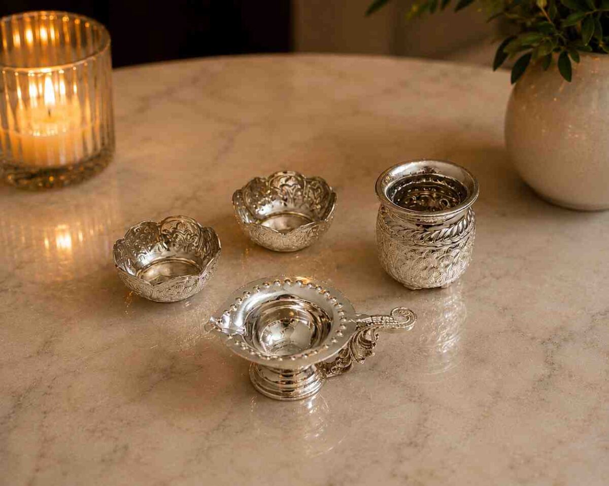 Luxury Pure German Silver Pooja Thali Set with Diya & Kalash – 13 Inch