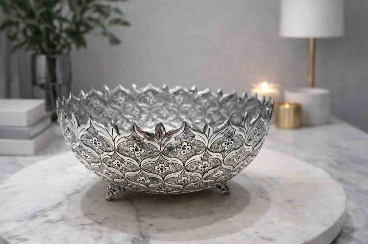 Elegant German Silver Elephant Stand Urli Bowl – 10 Inch Decorative Floating Flower Bowl