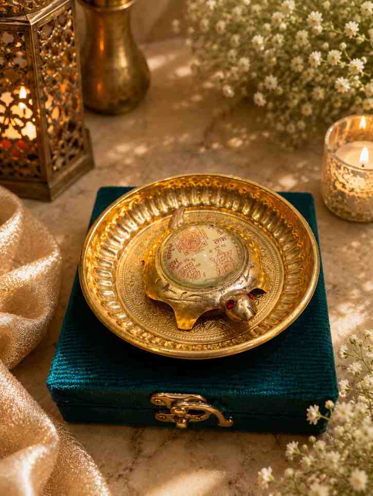 Pure Brass Vastu Tortoise Plate with Brass Bowl | Handcrafted 4 Inch Brass Turtle Decorative Plate for Home Décor & Pooja