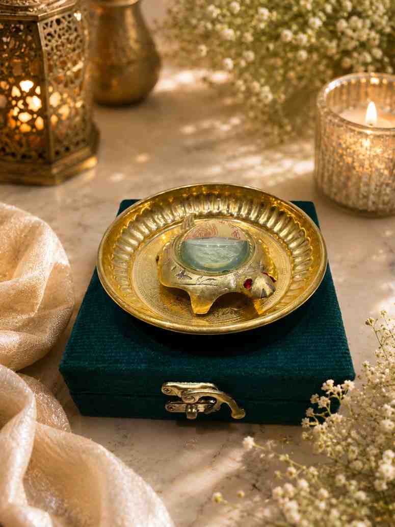 Pure Brass Vastu Tortoise Plate with Brass Bowl | Handcrafted 4 Inch Brass Turtle Decorative Plate for Home Décor & Pooja