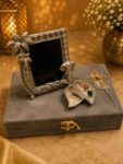 Handcrafted German Silver Photo Frame Gift Set with Chopra & Decorative Peacock Feather | Premium Velvet Gift Box