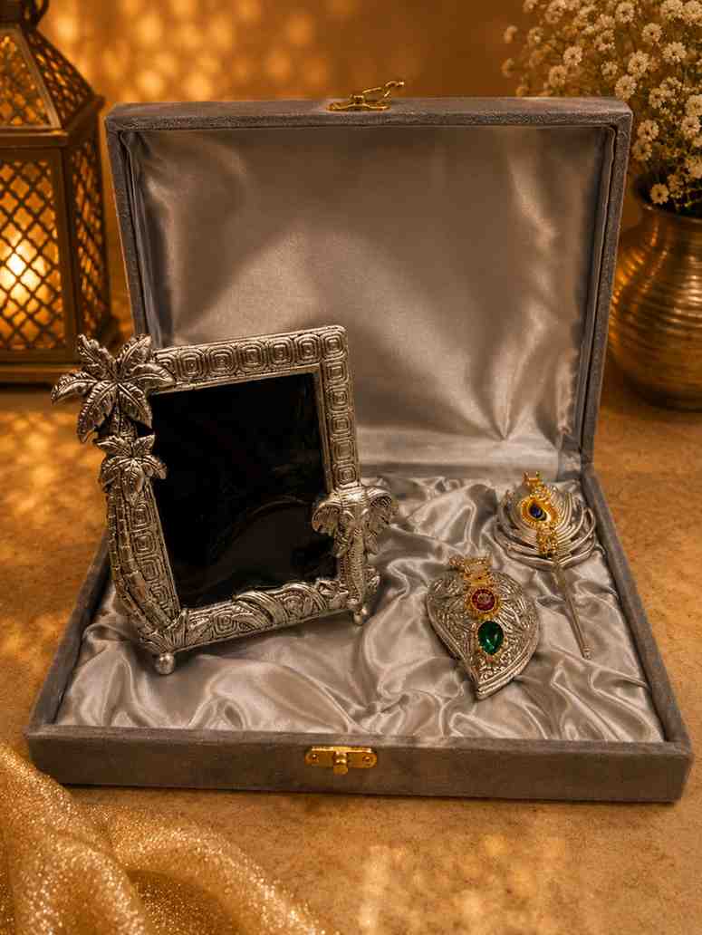 Handcrafted German Silver Photo Frame Gift Set with Chopra & Decorative Peacock Feather | Premium Velvet Gift Box