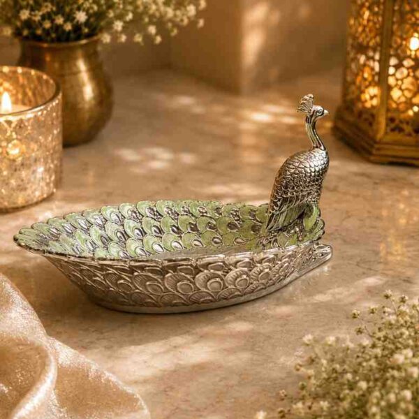 Premium German Silver Peacock Platter with Green Enamel