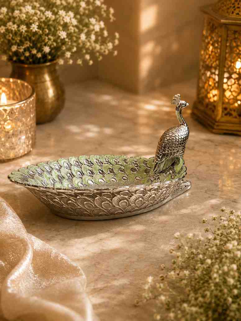 Luxury German Silver Peacock Decorative Platter with Hand-Painted Green Enamel | Premium Serving Tray