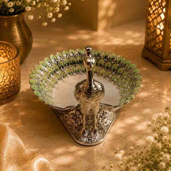 Luxury German Silver Peacock Decorative Platter with Hand-Painted Green Enamel | Premium Serving Tray