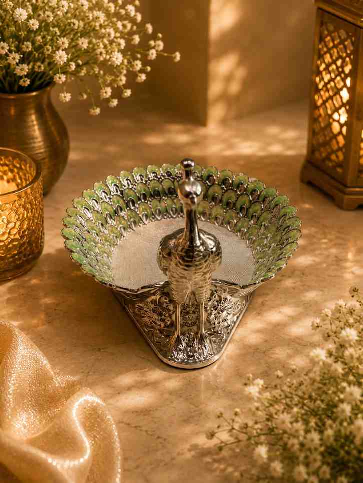 Luxury German Silver Peacock Decorative Platter with Hand-Painted Green Enamel | Premium Serving Tray