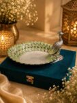 Luxury German Silver Peacock Decorative Platter with Hand-Painted Green Enamel | Premium Serving Tray