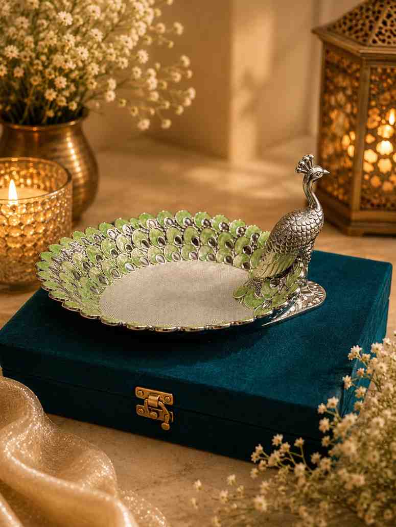 Luxury German Silver Peacock Decorative Platter with Hand-Painted Green Enamel | Premium Serving Tray